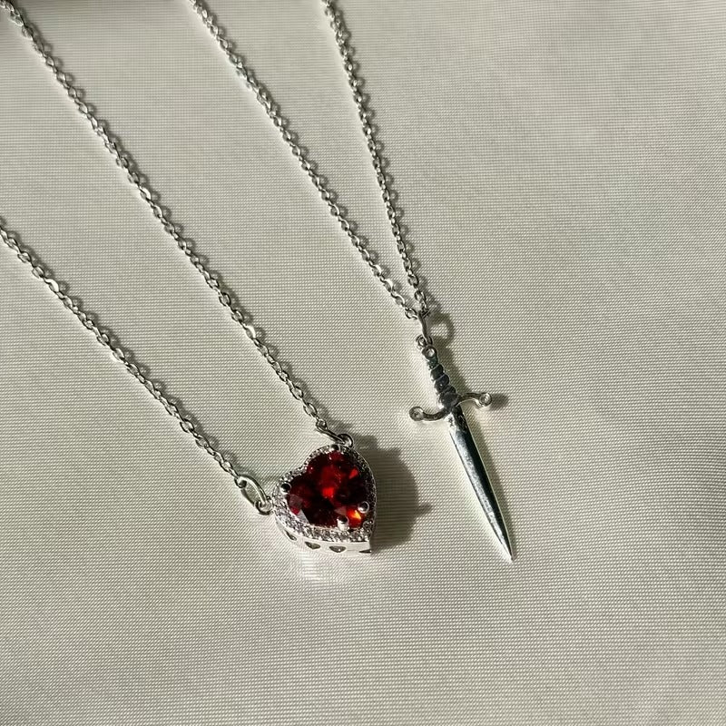 Matching Heart and Sword Couple Necklace Set