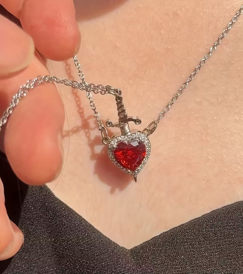 Matching Heart and Sword Couple Necklace Set